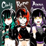  3girls bangs belt black_hair black_jacket black_sports_bra blue_background blue_belt blue_eyes blue_hair blunt_bangs breasts brown_background character_name chest_belt closed_mouth clothing_cutout column_lineup commentary_request crop_top cropped_jacket cross-laced_sleeves demon_girl demon_horns demon_tail ear_chain ear_piercing engacyo_(engacyo39800yen) fang flat_chest heart highres horns jacket kojo_anna long_hair long_sleeves looking_at_viewer medium_breasts midriff multicolored_hair multiple_girls navel open_mouth piercing pointy_ears purple_background purple_hair red_eyes red_hair ringed_eyes ryugasaki_rene shirt shishio_chris short_hair shoulder_cutout skin_fang sleeveless sleeveless_shirt smile sports_bra sugar_lyric tail tongue tongue_out twintails two-tone_hair underboob upper_body v-shaped_eyebrows virtual_youtuber yellow_eyes 