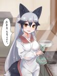  1girl alternate_costume animal_ears apron aramaru bangs bento blurry blurry_background brown_eyes brown_kimono commentary_request depth_of_field fox_ears fox_tail grey_hair highres holding indoors japanese_clothes kappougi kemono_friends kimono long_hair long_sleeves looking_at_viewer open_mouth silver_fox_(kemono_friends) smile solo standing sunlight tail translation_request 