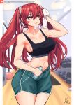  1girl abs alternate_breast_size armpits breasts cleavage fire_emblem fire_emblem_awakening gym gym_shorts gym_uniform hair_tie highres large_breasts red_eyes red_hair severa_(fire_emblem) shorts sideboob solo sports_bra sweat tsundere twintails xhaart 