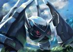  cloud commentary_request day from_below glowing glowing_eyes grass highres leaves_in_wind light_rays looking_at_viewer metagross no_humans outdoors penta_oekaki pink_eyes pokemon pokemon_(creature) signature sky solo 