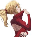  1girl back bangs blonde_hair braid breasts fate/apocrypha fate_(series) french_braid green_eyes highres long_hair long_sleeves looking_at_viewer mordred_(fate) mordred_(fate/apocrypha) parted_bangs ponytail red_sweater sidelocks small_breasts solo sweater tonee 