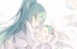  1boy 1girl baby bangs breasts chest_jewel closed_eyes green_hair large_breasts linzi long_hair mother_and_son pneuma_(xenoblade) ponytail swept_bangs very_long_hair xenoblade_chronicles_(series) xenoblade_chronicles_2 