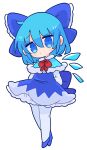  1girl bangs blue_bow blue_capelet blue_dress blue_eyes blue_footwear blue_hair bow capelet cirno dress flat_chest hair_bow highres ice ice_wings neck_ribbon op_na_yarou pinafore_dress puffy_short_sleeves puffy_sleeves red_neckwear ribbon shirt shoes short_dress short_hair short_sleeves simple_background solo thighhighs touhou white_background white_legwear white_shirt wings 