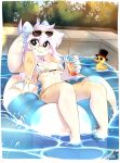  1girl arm_up breasts cleavage closed_mouth cup drinking_glass eyebrows_visible_through_hair eyewear_on_head furry furry_female highres holding holding_cup horns innertube long_hair looking_at_viewer medium_breasts nami_(teranen) original pool rubber_duck smile soaking_feet solo sunglasses teranen tongue tongue_out white_hair 