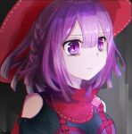  1girl ahoge bags_under_eyes bangs braid breasts cape chromatic_aberration closed_mouth eyebrows_visible_through_hair furrowed_brow hair_between_eyes hat highres magia_record:_mahou_shoujo_madoka_magica_gaiden mahou_shoujo_madoka_magica medium_hair nacky0610 pink_headwear purple_eyes purple_hair sarasa_hanna small_breasts solo soul_gem suspenders 