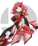  1girl black_gloves blush breasts brown_eyes closed_mouth earrings eyebrows_visible_through_hair fingerless_gloves gloves highres jewelry large_breasts looking_at_viewer pyra_(xenoblade) red_hair short_hair smile solo super_smash_bros. super_smash_bros._logo xenoblade_chronicles_(series) xenoblade_chronicles_2 yachima_tana 