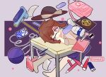  1girl backpack bag brown_hair cellphone desk earphones eraser glasses gun hexagram ipad no_shoes notebook occult_ball one_eye_closed paper phone plaid plaid_skirt school_desk school_uniform skirt smartphone smartphone_case smeef0 socks star_of_david tablet_pc touhou usami_sumireko waking_up weapon 