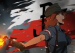 1girl armband blue_eyes blurry blurry_background bottle brown_hair brown_headwear collared_shirt commentary depth_of_field embers english_commentary fire flame frown grey_shirt gun highres holding holding_bottle looking_to_the_side medium_hair molotov_cocktail mrxinom open_mouth original patrol_cap polish_flag rifle shirt solo standing weapon weapon_on_back 