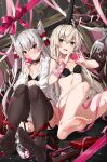  2girls amatsukaze_(kancolle) barefoot black_bra black_legwear blonde_hair blush bottomless bra brown_eyes closed_mouth collarbone collared_shirt eyebrows_visible_through_hair fork hair_between_eyes heart heart_hands highres kantai_collection long_hair multiple_girls open_clothes open_mouth open_shirt oversized_object shimakaze_(kancolle) shirt silver_hair smile symbol-only_commentary takanashi_kei_(hitsujikan) teeth thighhighs toes two_side_up underwear upper_teeth white_shirt yellow_eyes 