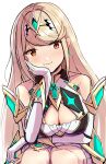  1girl absurdres bangs bare_shoulders blonde_hair breasts chest_jewel cleavage cleavage_cutout clothing_cutout dress earrings elbow_gloves gloves highres jewelry karuushi large_breasts long_hair mythra_(xenoblade) short_dress solo swept_bangs tiara very_long_hair white_dress white_gloves xenoblade_chronicles_(series) xenoblade_chronicles_2 yellow_eyes 