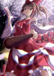  1girl bangs blurry blurry_background bow breasts brown_eyes brown_hair chromatic_aberration detached_sleeves eyebrows_visible_through_hair gohei hair_bow hair_tubes hakurei_reimu highres holding lantern looking_at_viewer medium_breasts medium_hair nontraditional_miko ofuda open_mouth red_bow red_shirt red_skirt reijing_etrn ribbon-trimmed_sleeves ribbon_trim shide shirt skirt solo touhou wide_sleeves 