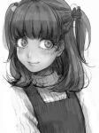  1girl bangs blunt_bangs blush greyscale hair_bobbles hair_ornament looking_to_the_side medium_hair monochrome original short_twintails sketch smile solo turtleneck twintails yuki_touko 