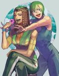  2girls :d ;d blue_eyes brown_hair ermes_costello foo_fighters green_hair green_lips hand_up headgear highres holding jojo_no_kimyou_na_bouken looking_at_viewer multiple_girls one_eye_closed outstretched_arms overalls short_hair sleeveless smile sticker stone_ocean tentarou 