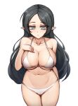  1girl bangs bare_shoulders bikini black_hair blush breast_suppress breasts character_request cleavage collarbone cowboy_shot eyebrows_visible_through_hair grey_eyes highres large_breasts long_hair looking_at_viewer maplestory mastgg navel parted_bangs parted_lips pointy_ears simple_background solo stomach swimsuit white_background 