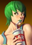  1girl bangs brown_background cup drinking foo_fighters gradient gradient_background green_hair hand_up holding holding_cup jojo_no_kimyou_na_bouken overalls portrait shadow short_hair solo stone_ocean yellow_eyes zetman92 
