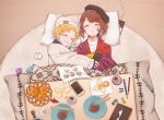  1boy 1girl beanie black_headwear blanket character_request chopsticks food from_above fruit hat highres identity_v kotatsu long_sleeves lying mike_morton omame7272 orange_(fruit) orange_peel pencil plate sleeping sleeves_past_wrists table white_headwear 