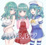  3girls :d bangs blunt_bangs futaba_sana green_eyes green_hair hat long_sleeves low_twintails magia_record:_mahou_shoujo_madoka_magica_gaiden mahou_shoujo_madoka_magica multiple_girls multiple_persona sailor_collar sailor_hat school_uniform short_sleeves smile swimsuit thighhighs totte twintails 