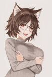  animal_ears arms_under_breasts blush breasts brown_hair chrono_crusade crossed_arms dot_nose fang glasses grey_background hand_on_own_chest highres moriyama_daisuke parted_lips red_eyes ribbed_sweater short_hair simple_background skin_fang sweater 