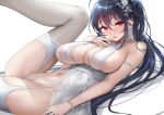  1girl azur_lane bare_shoulders black_hair breasts cleavage denchu_(kazudentyu) dress finger_to_mouth garter_straps highleg highleg_panties highres large_breasts legs_up looking_at_viewer lying naughty_face navel on_back panties red_eyes sleeveless sleeveless_dress solo spread_legs taihou_(azur_lane) taihou_(temptation_on_the_sea_breeze)_(azur_lane) thighhighs thong underwear white_dress white_legwear white_panties 