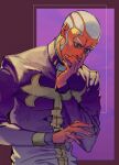  1boy black_eyes covering_mouth dark-skinned_male dark_skin enrico_pucci facial_hair hand_over_own_mouth highres jojo_no_kimyou_na_bouken long_sleeves male_focus priest purple_theme solo stone_ocean sweat tentarou white_hair 