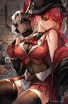  1girl :q alcohol black_eyepatch black_headwear bottle breasts brown_legwear closed_mouth covered_navel cup eyepatch food gloves gz_(gyoju) hair_ribbon hat highres holding holding_cup hololive houshou_marine large_breasts looking_at_viewer meat pirate_hat plate red_eyes red_hair red_ribbon ribbon sitting smile solo sweat thighhighs thighs tongue tongue_out virtual_youtuber white_gloves 