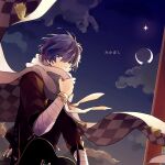  1boy akiyoshi_(tama-pete) bandaged_arm bandages blue_eyes blue_hair hand_up kaito_(vocaloid) male_focus mikaboshi_(vocaloid) moon night night_sky scarf scarf_over_mouth short_hair sky sleeves_rolled_up solo vocaloid 