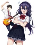  1boy 1girl arisaka_ako arm_up bangs black_eyes black_hair black_skirt blouse blush bow bowtie cover cover_page cowboy_shot crossed_arms dutch_angle electric_guitar eyebrows_visible_through_hair flying_sweatdrops gibson_les_paul grin guitar hair_between_eyes hikikomori-hime_wo_utawasetai! instrument long_hair necktie novel_cover official_art open_mouth parted_lips plaid plaid_bow plaid_bowtie plaid_necktie pleated_skirt plectrum purple_eyes purple_hair school_uniform short_sleeves simple_background skirt smile solo_focus standing thighs white_background white_blouse 