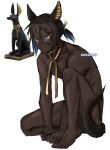  1boy animal_ears anubis arched_back artist_name bare_arms bare_legs bare_pectorals bare_shoulders barefoot black_hair blue_eyes closed_mouth collarbone commentary completely_nude dark-skinned_male dark_skin dog_boy dog_ears dog_tail expressionless eyebrows eyebrows_visible_through_hair feet full_body hair_between_eyes kadeart knee_up leaning_forward looking_afar male_focus nude original pectorals ribbon short_hair simple_background sitting slit_pupils solo statue tail tied_hair very_dark_skin white_background yellow_ribbon 