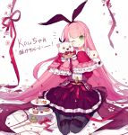  1girl ;) arcaea background_text bangs blunt_bangs boots bow bowtie cake_stand cot_(co2cotton) dress flower frilled_dress frilled_sleeves frills green_eyes highres kou_(arcaea) long_hair one_eye_closed pastry pink_hair ribbon seiza sitting sleeves_past_fingers sleeves_past_wrists smile solo stuffed_animal stuffed_toy teddy_bear thigh_boots thighhighs 