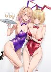  2girls animal_ears bangs bare_legs bare_shoulders blonde_hair blush bow bowtie breasts brown_hair cleavage closed_mouth collarbone commentary_request cup detached_collar drinking_glass earrings eyebrows_visible_through_hair fake_animal_ears hand_on_another&#039;s_shoulder highres holding holding_plate jewelry large_breasts looking_at_viewer medium_breasts multiple_girls open_mouth original piripun plate playboy_bunny purple_bow purple_bowtie purple_eyes rabbit_ears red_bow red_bowtie red_neckwear short_hair signature simple_background smile standing standing_on_one_leg thighs wavy_mouth yellow_eyes 