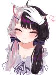  1girl ahoge animal_ear_fluff animal_ears bangs blue_bow blush bow brown_hair cat_ears closed_eyes closed_mouth commentary_request eyebrows_visible_through_hair facing_viewer fang fang_out hair_bow hair_ornament hairclip headpat heart keichan_(user_afpk7473) multicolored_hair nijisanji red_hair shirt skin_fang smile solo_focus split-color_hair streaked_hair upper_body virtual_youtuber whiskers white_hair white_shirt yorumi_rena 