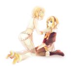  2girls akiyoshi_(tama-pete) asymmetry_(module) blonde_hair blue_eyes boots dual_persona fading fur-trimmed_boots fur-trimmed_collar fur_trim hair_ornament hairclip headphones kagamine_rin multiple_girls parted_lips project_diva_(series) short_hair simple_background sitting transparent vocaloid 