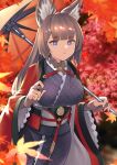  1girl absurdres amagi_(azur_lane) animal_ear_fluff autumn autumn_leaves azur_lane breasts brown_hair coat cowboy_shot eyebrows_visible_through_hair gloves highres holding holding_umbrella japanese_clothes kimono large_breasts leaf long_hair maple_leaf metal_belt oil-paper_umbrella open_clothes open_coat partially_fingerless_gloves purple_eyes purple_kimono red_coat sakuramon solo standing take_yaki umbrella wide_sleeves 