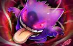  :d blurry commentary_request gengar glowing glowing_eyes kaosu_(kaosu0905) no_humans pink_eyes pokemon pokemon_(creature) signature smile solo teeth tongue tongue_out 