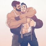  2boys abs arm_hair bara bare_arms beard black_hair body_hair chest_hair couple facial_hair formal kiss kissing_cheek large_pectorals looking_at_viewer male_focus mature_male multiple_boys muscular muscular_male necktie original pectoral_cleavage pectorals salaryman silverjow suit yaoi 