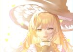  1girl absurdres bangs blonde_hair bloom braid crying crying_with_eyes_open face hat highres kanta_(pixiv9296614) kirisame_marisa long_hair open_mouth overexposure portrait simple_background solo tears touhou white_background witch_hat yellow_eyes 