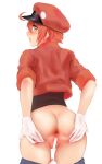  1girl ae-3803 anus ass bar_censor black_shirt censored clothes_pull commentary_request cowboy_shot from_behind gloves hands_on_own_ass hat hataraku_saibou highres jacket looking_at_viewer looking_back panties pants pants_pull panty_pull red_blood_cell_(hataraku_saibou) red_headwear red_jacket shirt short_hair shpo simple_background solo spread_ass standing underwear white_background white_gloves white_panties yellow_eyes 