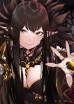  1girl absurdres bangs bare_shoulders black_dress breasts bridal_gauntlets brown_hair cleavage dress fate/apocrypha fate_(series) fur_trim gold_trim highres kurosaki_toshi large_breasts long_hair looking_at_viewer pointy_ears semiramis_(fate) sidelocks slit_pupils smile solo spikes very_long_hair yellow_eyes 