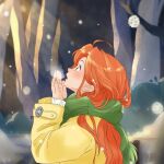  1girl blush coat dota_(series) dota_2 green_scarf hands_up long_sleeves looking_up nose_blush orange_hair outdoors scarf solo upper_body visible_air windranger_(dota) xiao_cai_miao yellow_coat yellow_eyes 