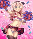  1girl arm_up armpits azur_lane blonde_hair blue_eyes breasts cheering cheerleader clothes_writing commission covered_nipples crop_top crop_top_overhang garter_straps hair_ribbon holding holding_pom_poms leander_(azur_lane) long_hair lowleg lowleg_panties macaroni_hourensou midriff miniskirt navel panties platinum_blonde_hair pleated_skirt pom_pom_(cheerleading) ribbon shirt skeb_commission skirt sleeveless sleeveless_shirt smile solo thighhighs underboob underwear 