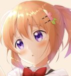  1girl bangs blush bow bowtie brown_hair chestnut_mouth collared_shirt eyebrows_visible_through_hair flower gochuumon_wa_usagi_desu_ka? hair_between_eyes hair_flower hair_ornament head_tilt highres hoto_cocoa mika_miche pink_flower ponytail portrait purple_eyes rabbit_house_uniform red_bow red_bowtie shiny shiny_hair shirt solo white_shirt wing_collar 