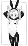  1girl aero_(mega_man) animal_ears armpits bangs biggumane black_legwear blush breasts cameltoe cropped_jacket eyebrows_visible_through_hair fake_animal_ears greyscale heart_pasties highres latex latex_legwear long_sleeves looking_at_viewer maebari medium_hair mega_man_(series) mega_man_legends meme_attire monochrome navel pantyhose pasties playboy_bunny rabbit_ears revealing_clothes reverse_bunnysuit reverse_outfit shrug_(clothing) simple_background small_breasts solo wrist_cuffs 