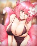  1girl absurdres animal_ear_fluff animal_ears breasts castyx cleavage curvy dress elysia_watanabe flower fox_ears fox_tail glasses hair_flower hair_ornament highres large_breasts multiple_tails original pink_hair pink_tail red_eyes round_eyewear smile tail 