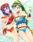  2girls alternate_costume bare_legs bikini blue_bikini blue_eyes blue_hair blue_swimsuit breasts cleavage cleavage_cutout clothing_cutout drink drinking_straw fire_emblem fire_emblem:_the_binding_blade fire_emblem:_the_blazing_blade fire_emblem_heroes flower green_eyes green_hair hair_flower hair_ornament head_wreath lilina_(fire_emblem) long_hair looking_at_viewer lyn_(fire_emblem) multiple_girls official_alternate_costume one_eye_closed ponytail red_bikini red_flower red_swimsuit rope_belt smile swimsuit taiga_kazame very_long_hair yellow_flower 