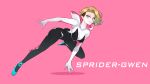  1girl artist_name black_bodysuit blonde_hair blue_eyes bodysuit character_name closed_mouth dated gwen_stacy highres hooded_bodysuit looking_at_viewer marvel midair multicolored_bodysuit multicolored_clothes pink_background pose short_hair simple_background smile solo spider-gwen spider-man:_into_the_spider-verse spider-man_(series) spider_web_print superhero unapril undercut white_bodysuit 