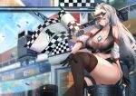  1girl absurdres animal_ears arknights bare_shoulders between_breasts black_gloves black_legwear blue_sky breasts cat_ears checkered checkered_flag commentary confetti crop_top dated_commentary flag gloves grey_eyes highres large_breasts long_hair looking_at_viewer midriff off_shoulder outdoors rhodes_island_logo schwarz_(arknights) silver_hair sky solo thick_thighs thighhighs thighs very_long_hair visor_cap yujieai 