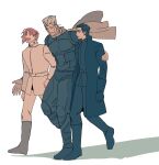  3boys ^_^ character_request closed_eyes coat dune_(2021_movie) dune_(series) highres jean_pierre_polnareff jojo_no_kimyou_na_bouken kakowalways kakyoin_noriaki kujo_jotaro long_sleeves male_focus multiple_boys parody scar scar_across_eye simple_background smile walking 