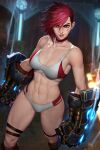  1girl abs arcane:_league_of_legends biceps blurry blurry_background breasts cleavage collarbone eyebrow_cut facial_tattoo gauntlets league_of_legends looking_at_viewer muscular muscular_female navel neoartcore panties red_hair scar scar_on_face scar_on_mouth sidecut smile solo sports_bra standing stomach tattoo thigh_gap thigh_strap underwear vi_(league_of_legends) 