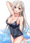  1girl absurdres arm_behind_head arm_up bangs blue_eyes braid braided_bangs breasts cleavage commentary_request covered_navel cowboy_shot eyebrows_visible_through_hair grey_hair grey_swimsuit highres hisakawa_hayate idolmaster idolmaster_cinderella_girls large_breasts long_hair looking_at_viewer mabanna open_mouth school_swimsuit signature simple_background smile solo standing standing_on_one_leg swimsuit water wet white_background 