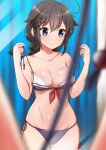  1girl ahoge ass_visible_through_thighs bangs bare_arms bare_shoulders bikini black_bikini black_hair black_ribbon blue_eyes blush braid breasts cleavage closed_mouth collarbone commentary_request cowboy_shot eyebrows_visible_through_hair female_pov front-tie_bikini front-tie_top gouta_(nagishiro6624) hair_flaps hair_ornament highres indoors kantai_collection long_hair medium_breasts mirror navel pov red_ribbon reflection ribbon shigure_(kancolle) side-tie_bikini single_braid solo stomach swimsuit undressing untied untied_bikini 